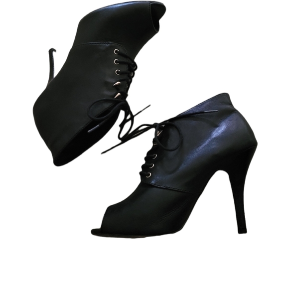 Aldo Black Leather Open Toe Gold Spike Lace Up Booties - Picture 4 of 6